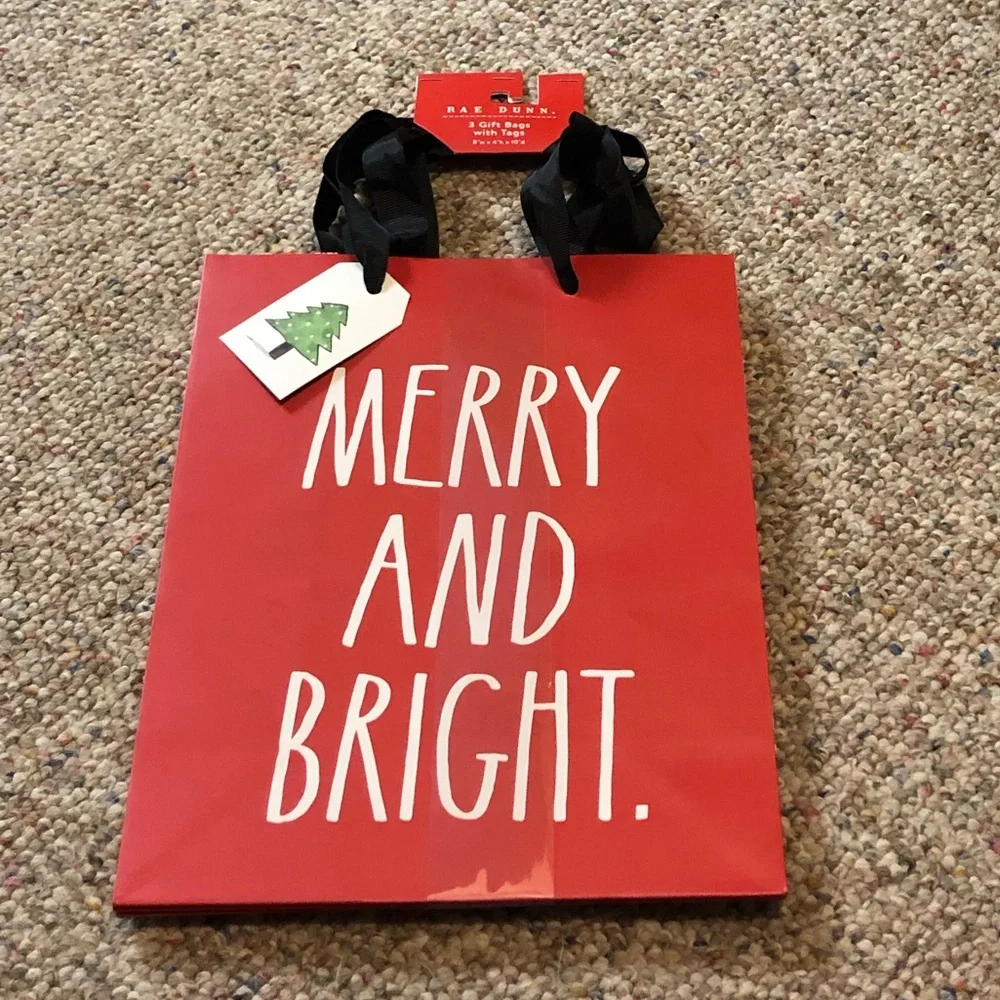 🆕 Rae Dunn MERRY and BRIGHT Gift Bags with Tags 3 Pack